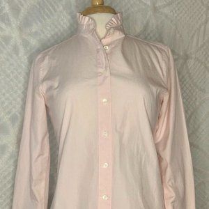 J Crew Pink Stripe Ruffle Neck Button Blouse